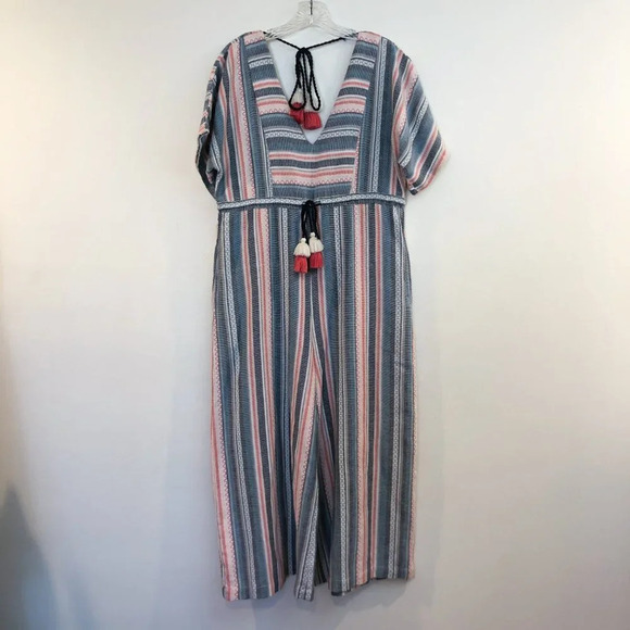 The Odells Striped V Neck Cropped Wide Leg Tassled Beach Vacation Romper XS - Picture 2 of 11